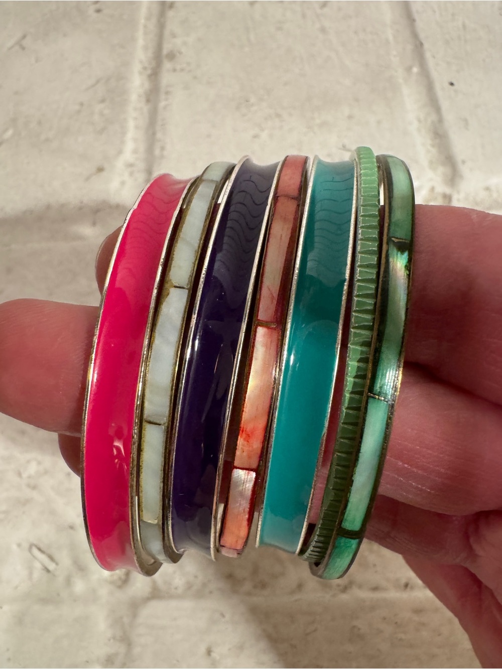 Vintage 7-Piece Mixed Enamel & Mother-of-Pearl Mosaic Bangle Set